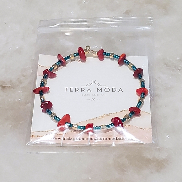 Red Coral Gemstone Bangle w/ Teal and Gold - Picture 6 of 6